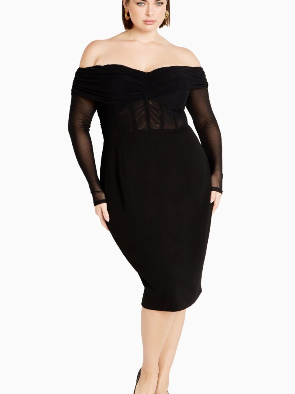 City Chic Lana Off-Shoulder Mesh Sleeve Midi Dress | Size 14 | NWT | Black